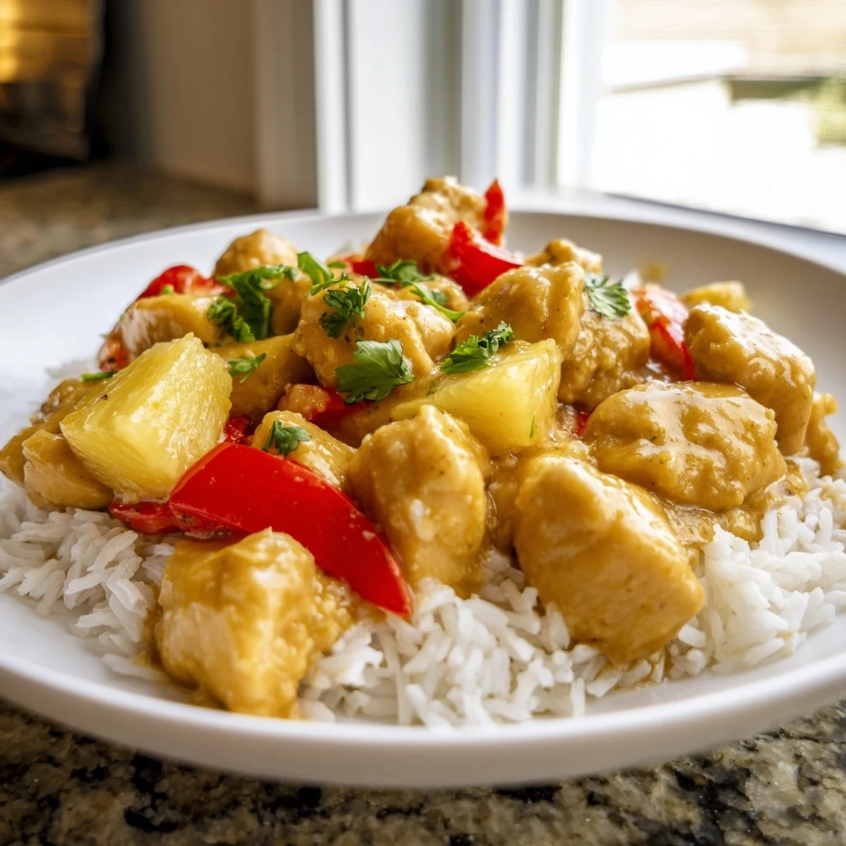 Colorful bell peppers and juicy pineapple complement this creamy coconut lime chicken dish