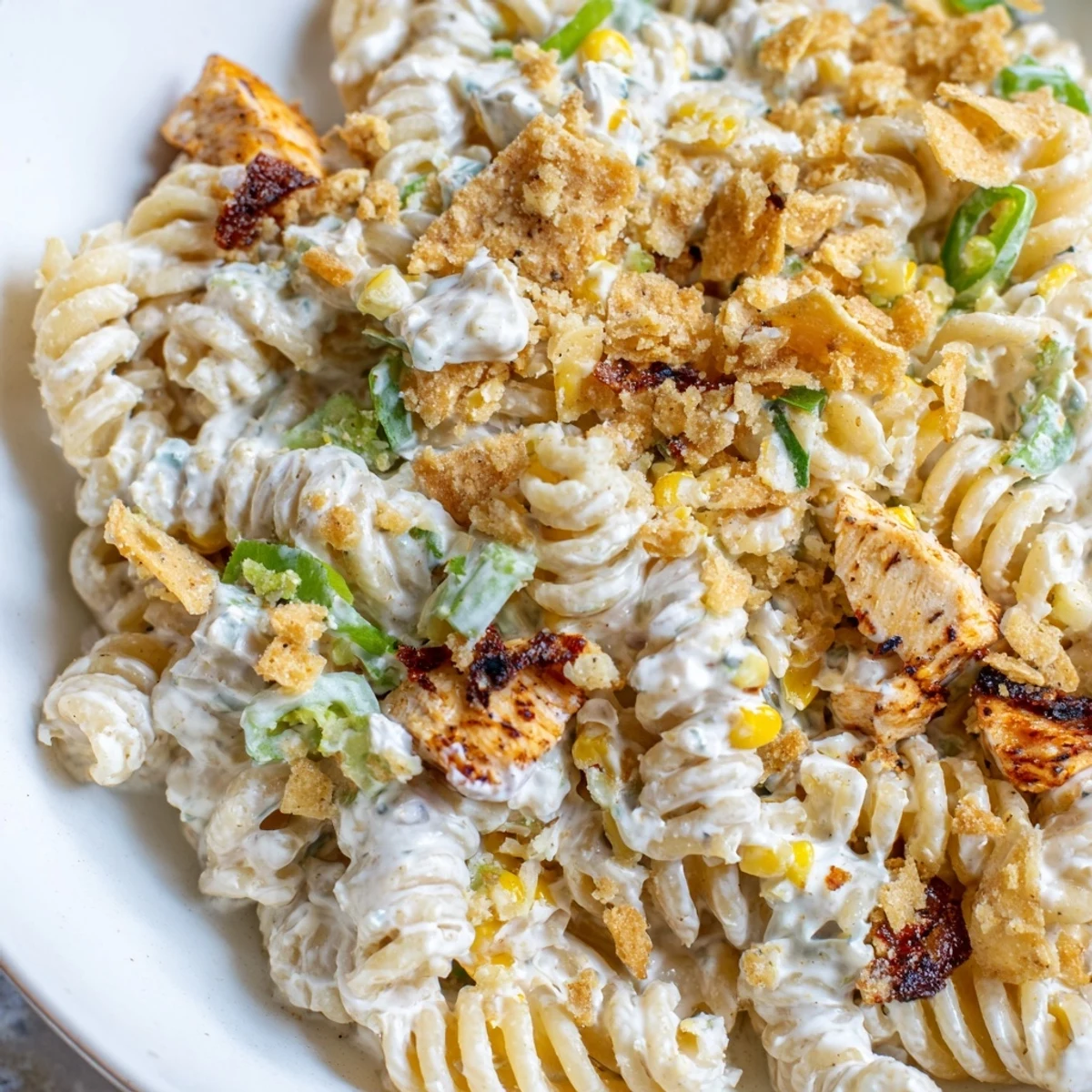 Creamy elote style Mexican street corn chicken pasta salad topped with crunchy crushed tortilla chips and crumbled cotija cheese