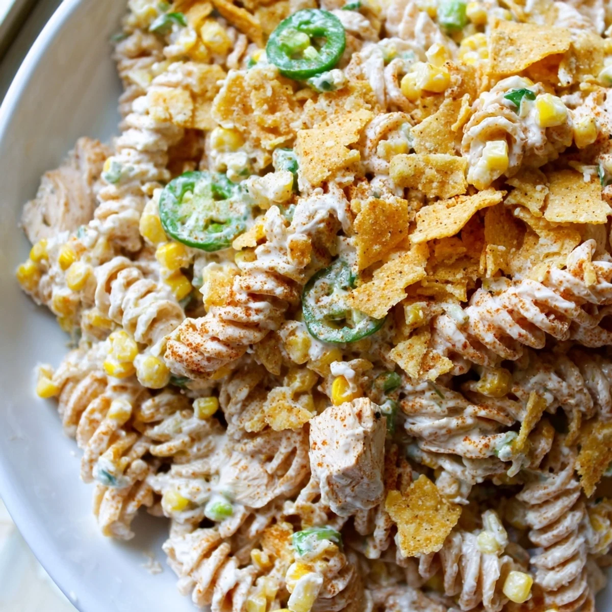 Golden charred corn and tender chicken tossed in a zesty lime crema elote style Mexican street corn pasta salad