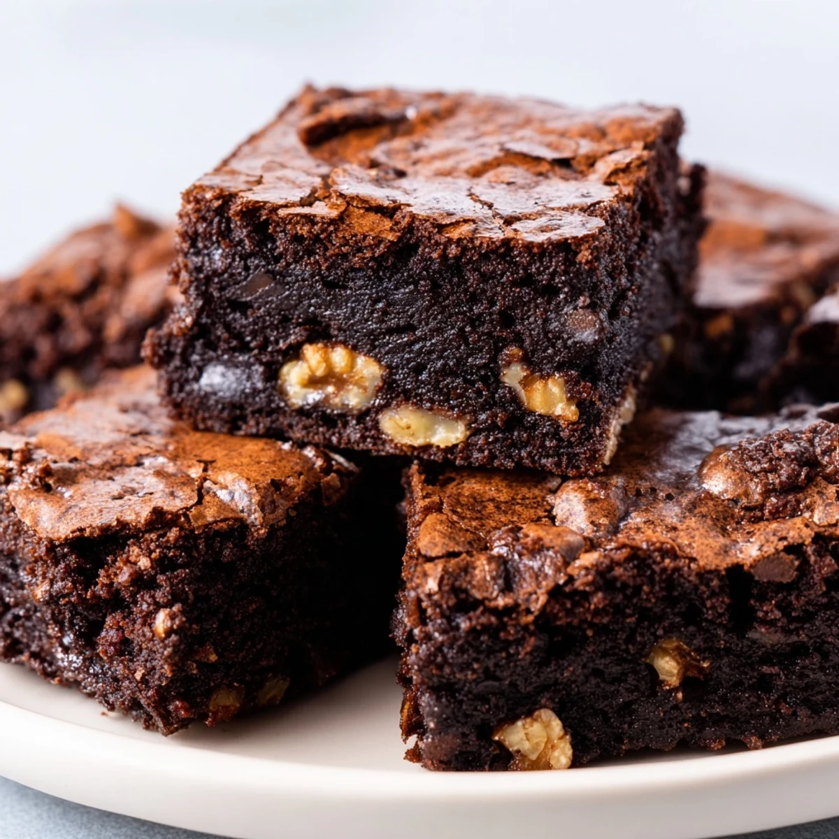 Rich fudgy ultimate brownies with a shiny crackly chocolate top cut into squares