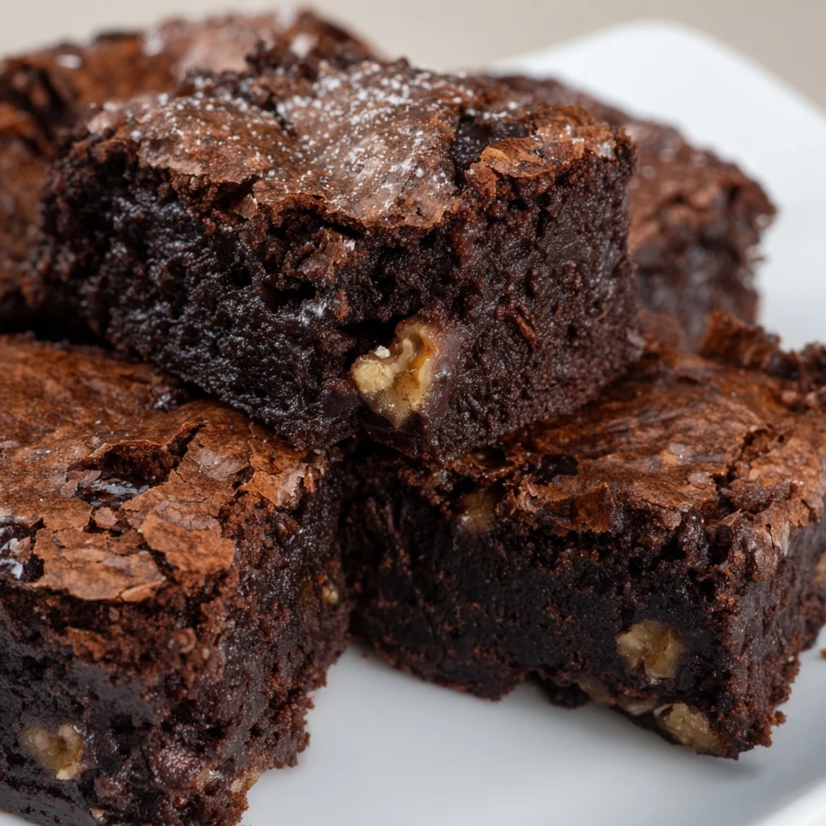 Gooey ultimate brownies studded with walnut pieces dusted with cocoa on a rustic board