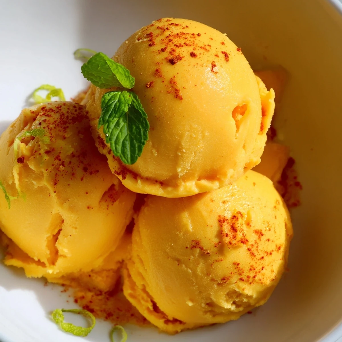Creamy chili lime mango sorbet scooped into golden bowls with fresh mint garnish