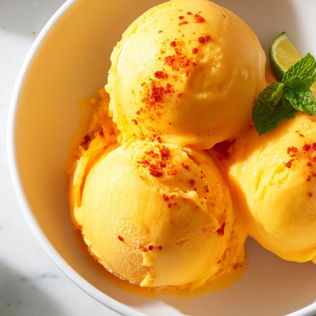 Tropical creamy chili lime mango sorbet melting softly in a chilled dessert glass
