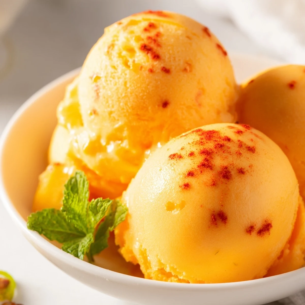 Smooth vibrant orange mango sorbet with a zesty chili lime swirl topping