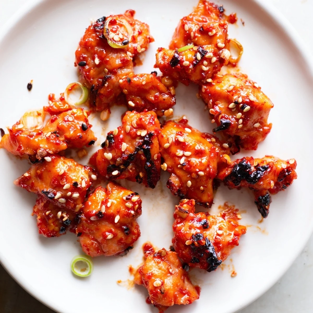 Gochujang Chicken glistening with spicy-sweet glaze, scattered with sesame seeds and sliced green onions