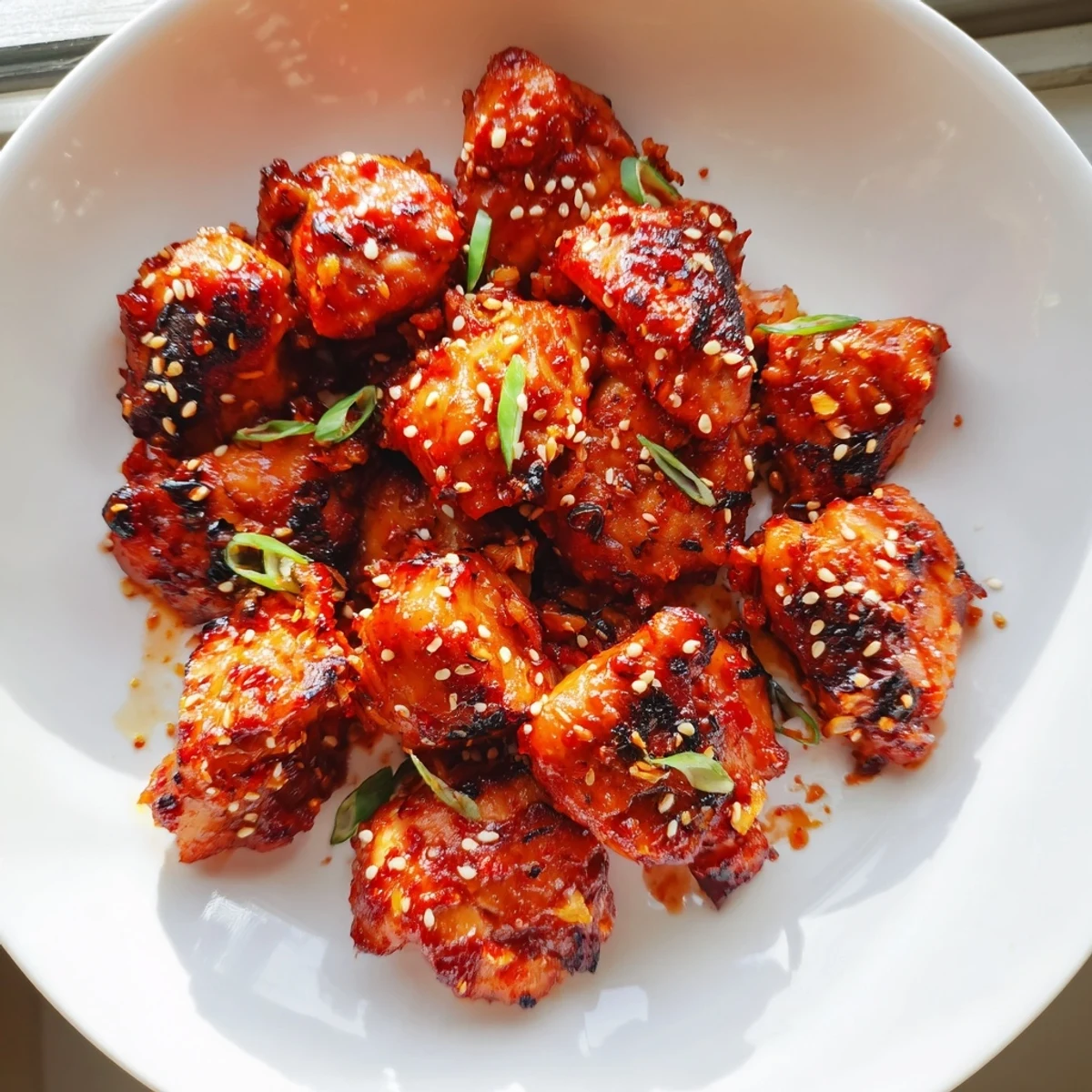 Caramelized Gochujang Chicken pieces sizzling in a cast iron skillet with sticky red marinade