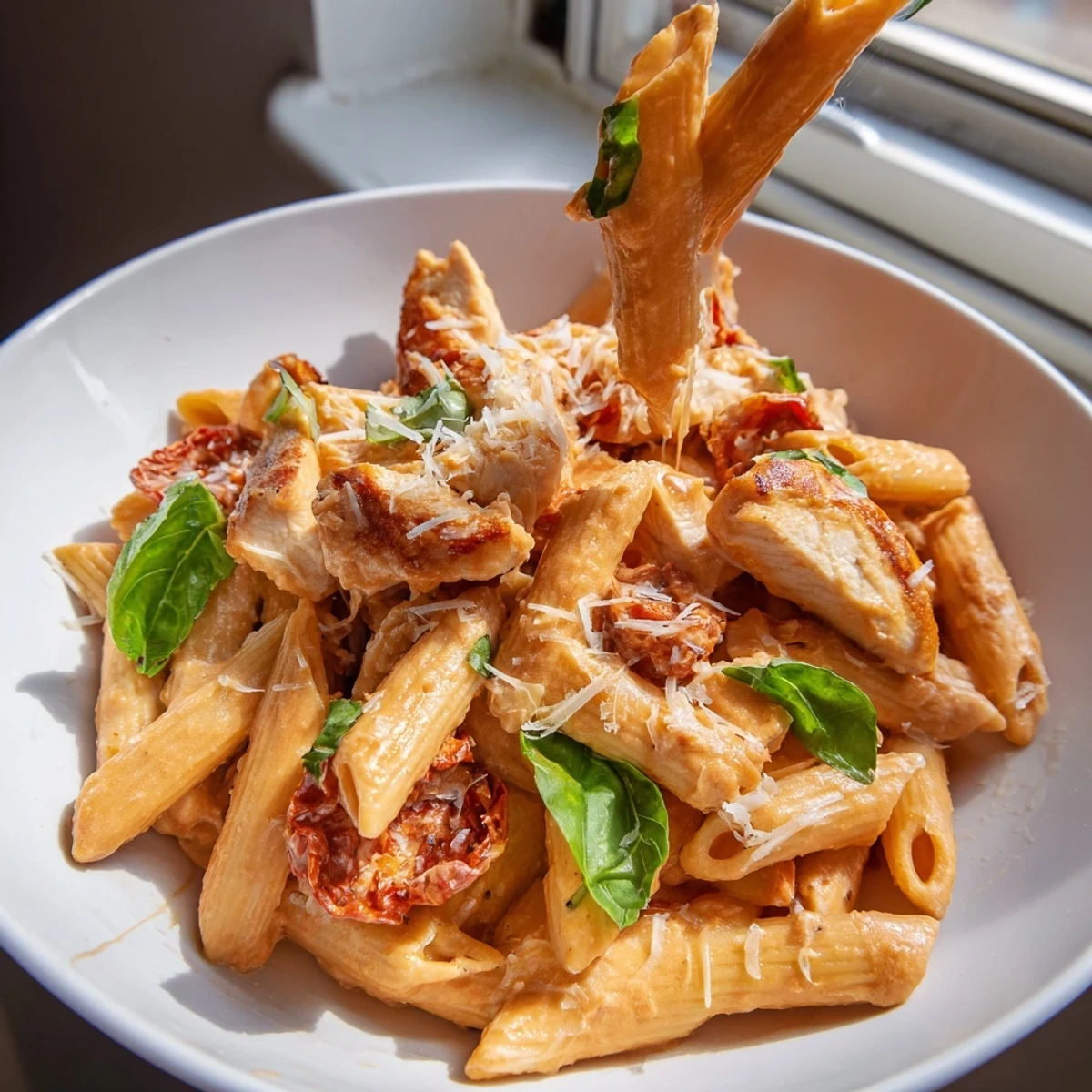 Creamy Copycat Sun Dried Tomato Marry Me Chicken Pasta topped with fresh basil and Parmesan cheese on a white plate
