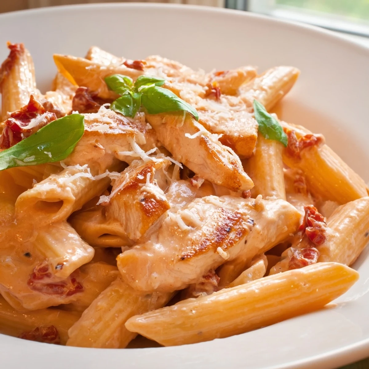 Golden seared chicken slices nestled in the rich Copycat Sun Dried Tomato Marry Me Chicken Pasta sauce with penne