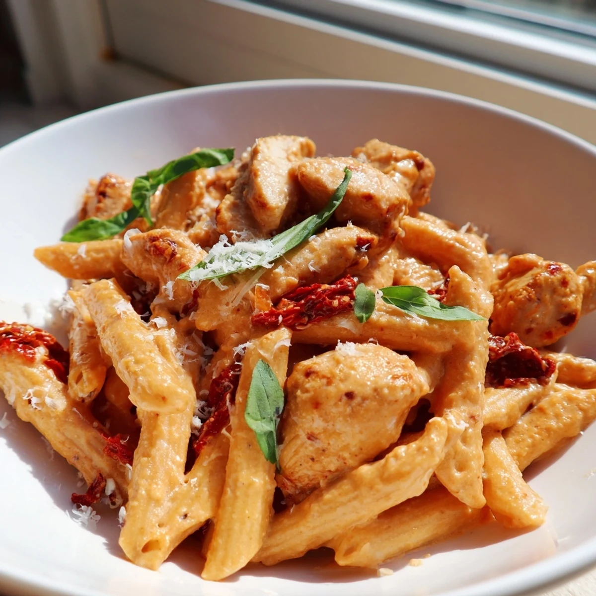 Steaming bowl of Copycat Sun Dried Tomato Marry Me Chicken Pasta coated in a velvety cream sauce with sun-dried tomatoes