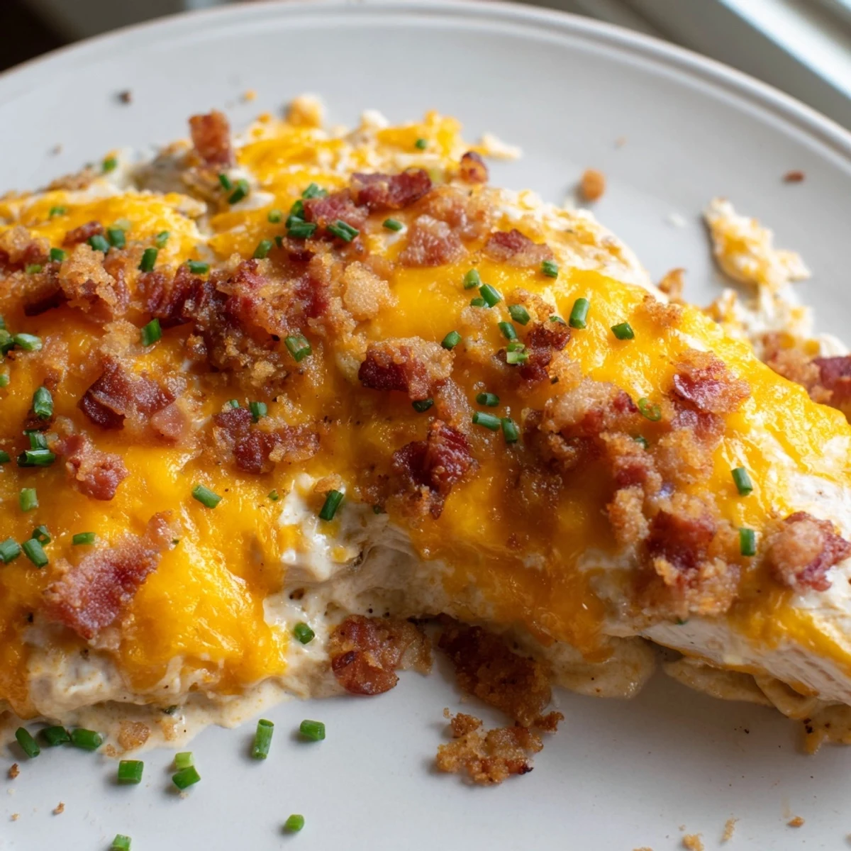 Golden bubbly baked crack chicken with crispy bacon and melted cheddar in a rustic dish