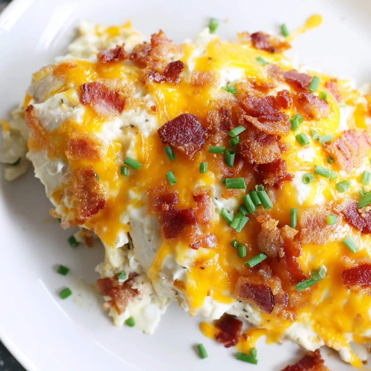Creamy baked crack chicken topped with crumbled bacon and fresh chives on a white plate