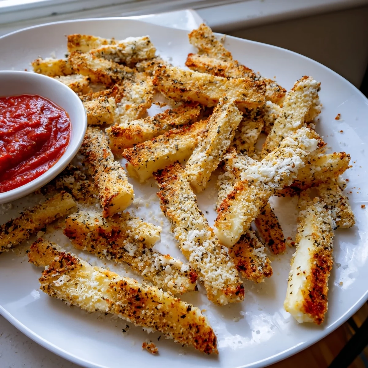 Golden baked cottage cheese fries arranged on parchment with a side of marinara dip