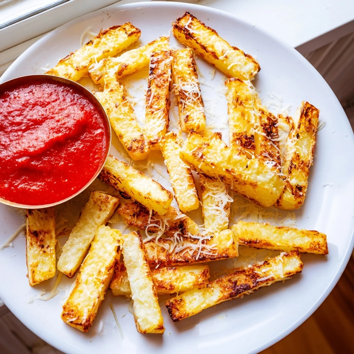 Crispy baked cottage cheese fries seasoned with smoked paprika served hot from the oven