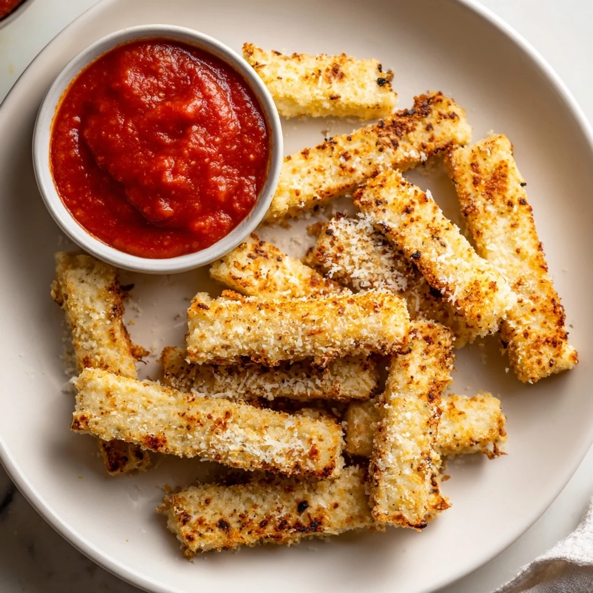 Creamy centered baked cottage cheese fries stacked beside a cool ranch dipping sauce