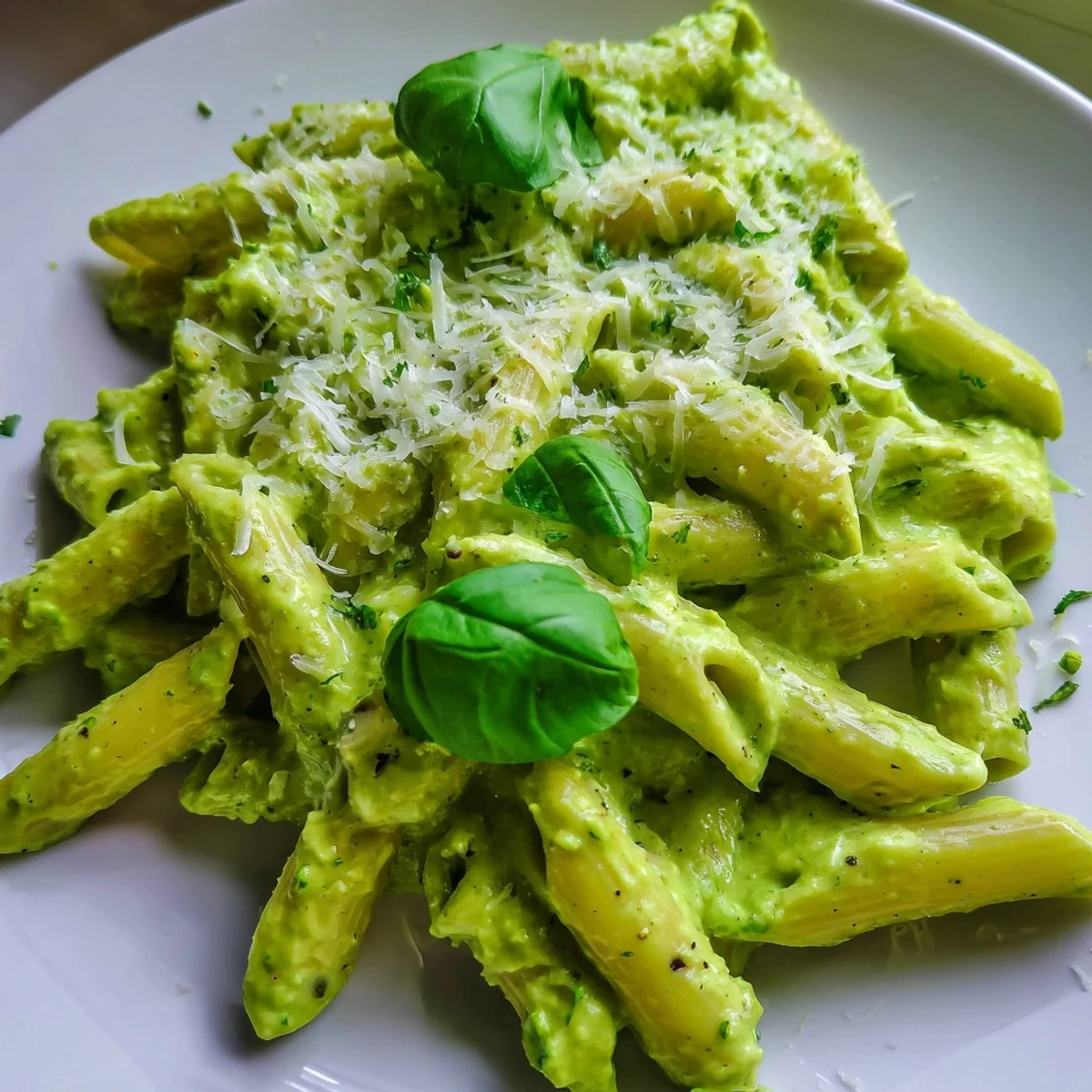 Creamy green goddess pasta sauce coats tender noodles with fresh herbs and avocado