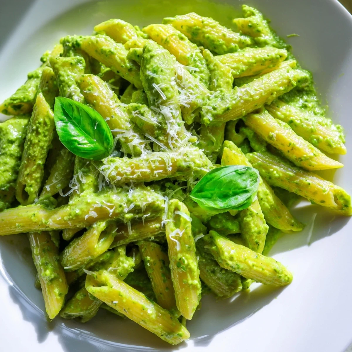 Silky green goddess pasta sauce tossed with penne and sprinkled with Parmesan cheese