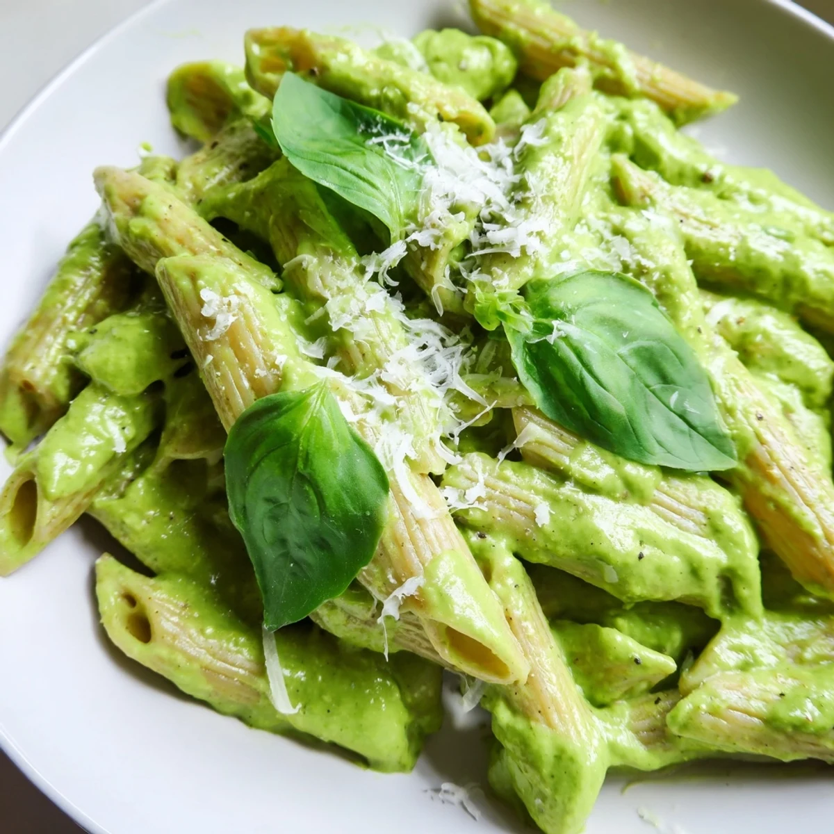 Vibrant green goddess pasta sauce served in a white bowl with herb garnish
