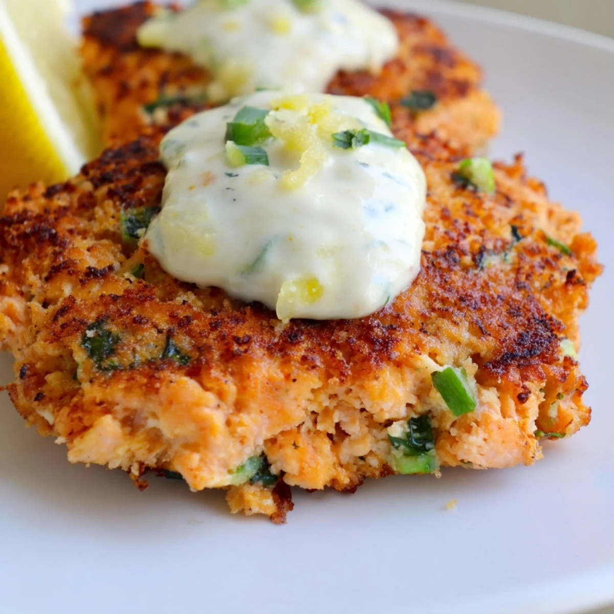 Crispy pan-fried lemon garlic Alaska salmon cakes drizzled with tangy homemade aioli