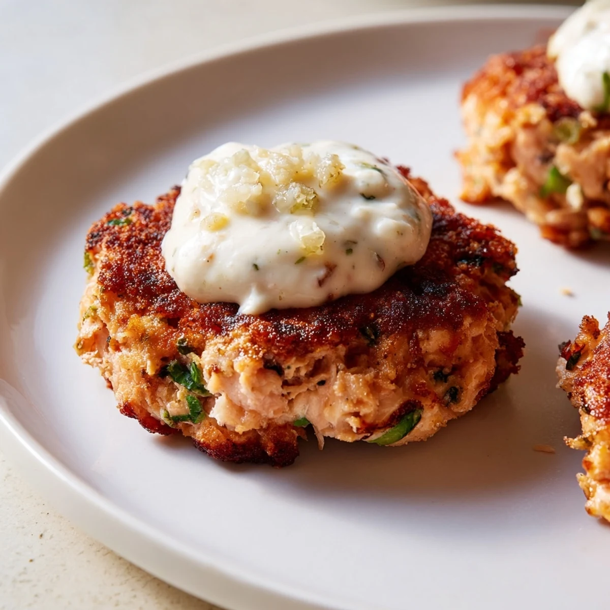 Tender lemon garlic Alaska salmon cakes plated on a white dish with herb garnish