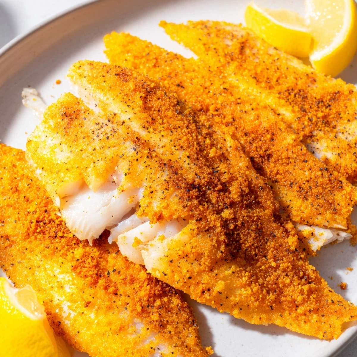 Golden pan fried tilapia fillets seasoned with paprika served with fresh lemon wedges
