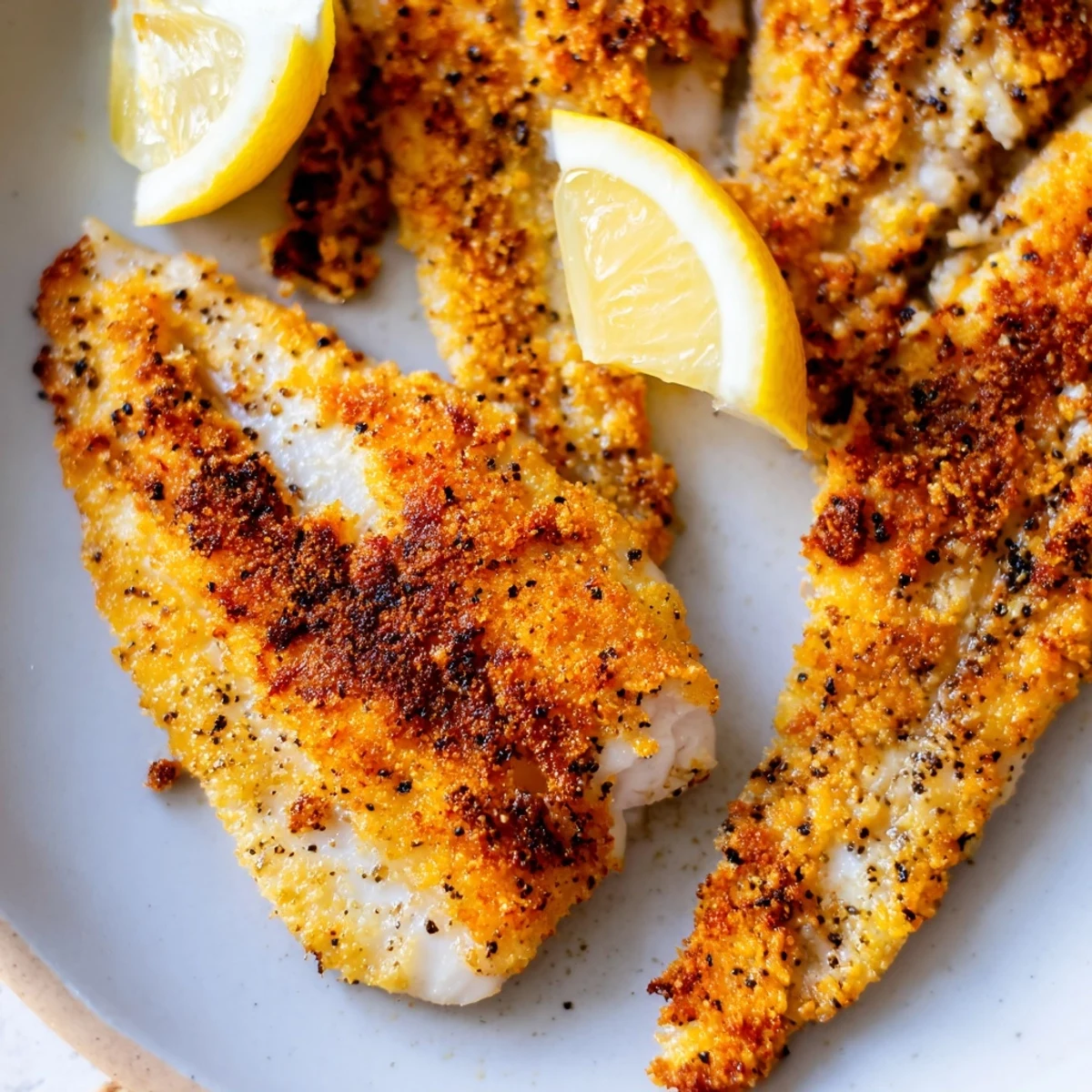 Perfectly cooked pan fried tilapia with a golden cornmeal crust flaking tenderly apart
