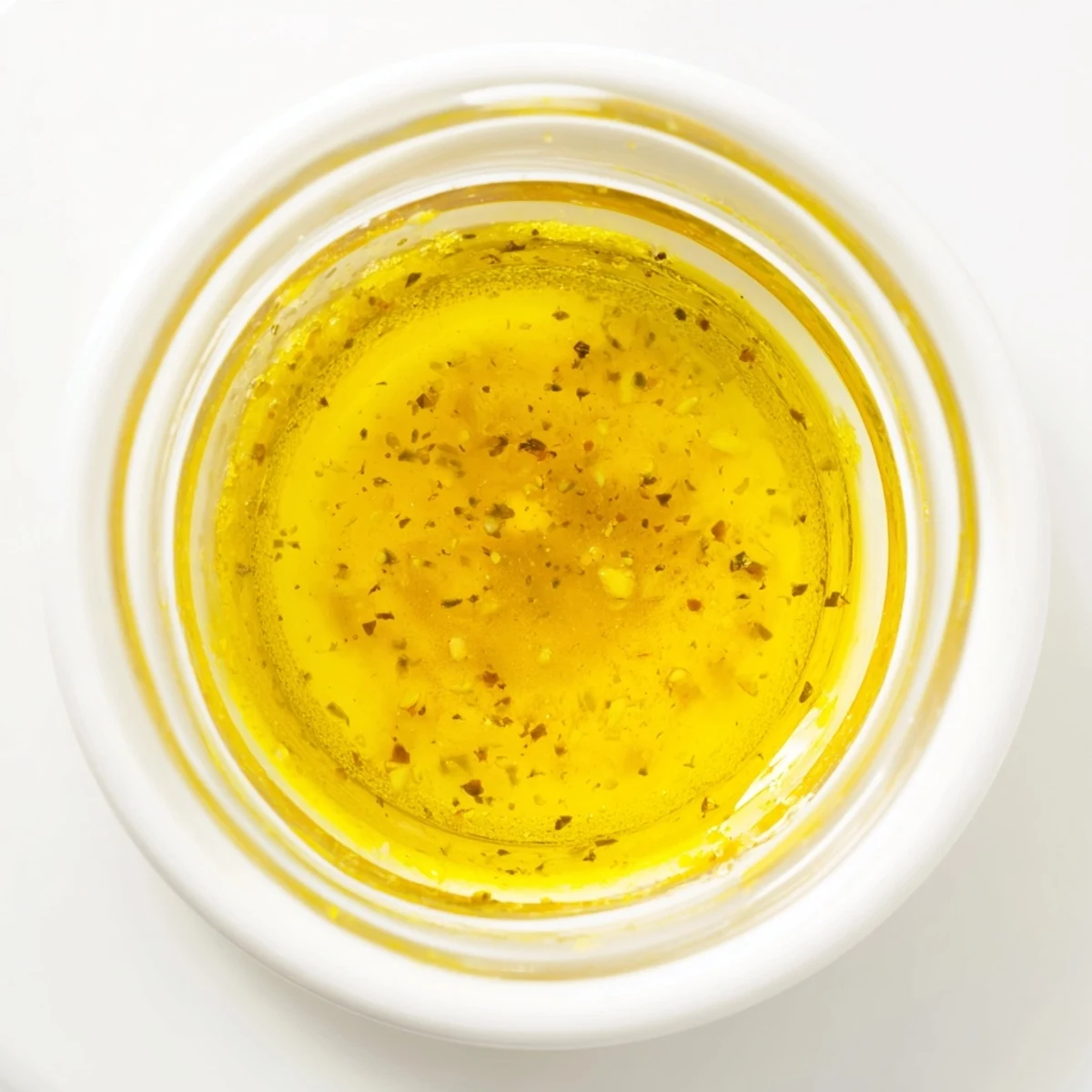 Golden lemon vinaigrette dressing recipe drizzled over crisp green salad leaves  