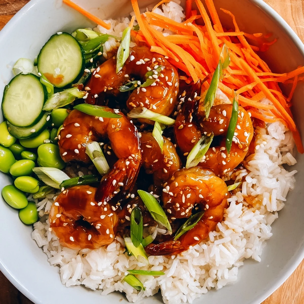 Succulent teriyaki shrimp glazed over fluffy rice with fresh crisp vegetables  