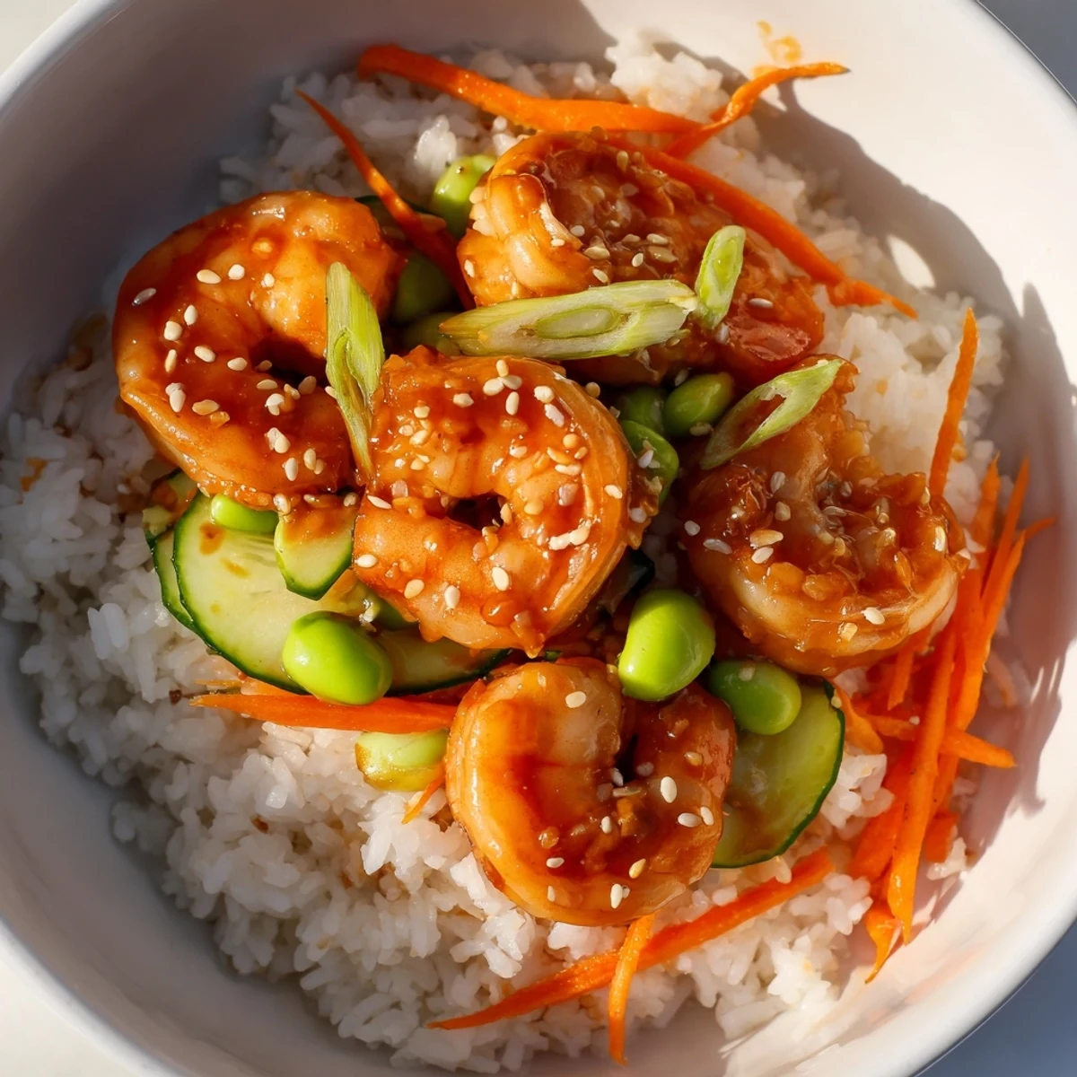Vibrant teriyaki shrimp rice bowl topped with sesame seeds and sliced scallions  