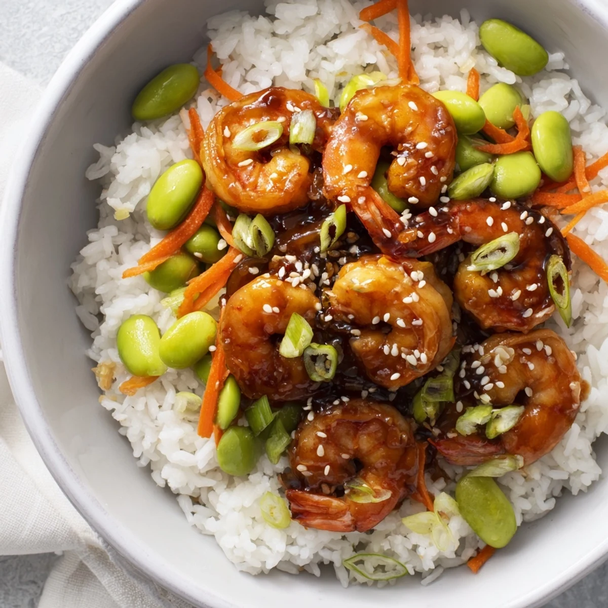 Glossy teriyaki shrimp bowl featuring edamame carrots and steamed white rice