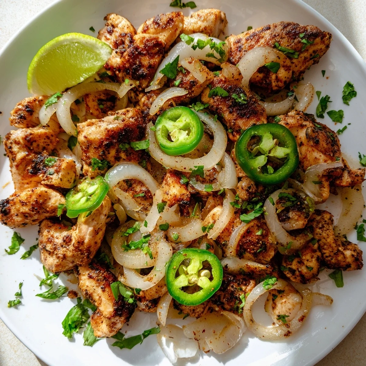 Golden spicy jalapeno chicken recipe garnished with fresh cilantro and lime wedges on a white plate  