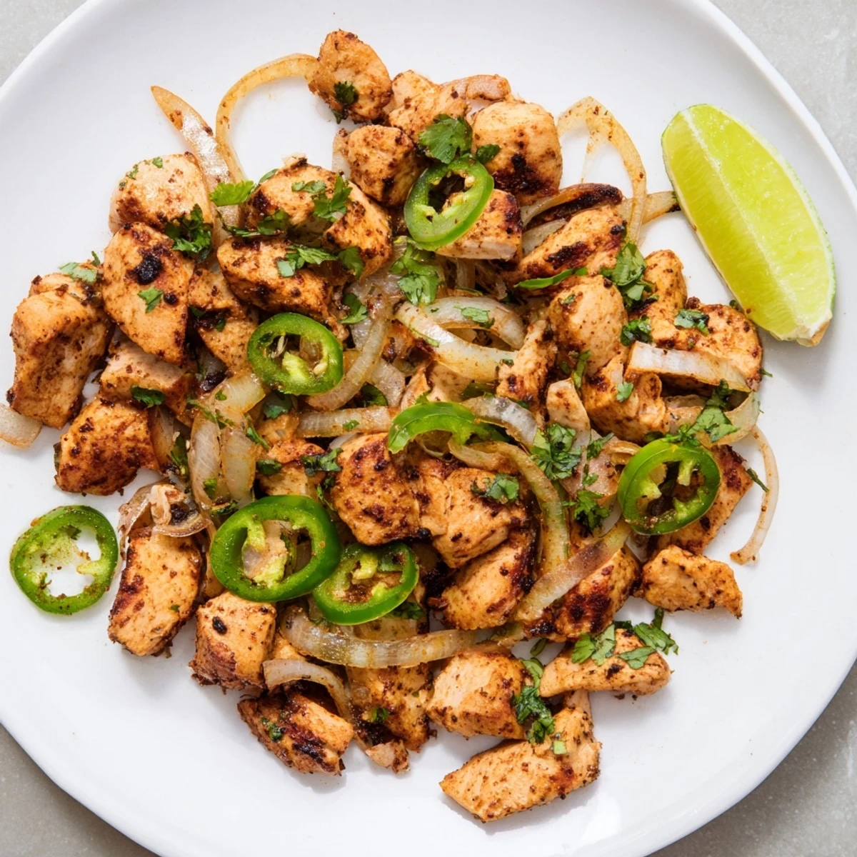 Sizzling skillet of juicy spicy jalapeno chicken recipe with sliced peppers and onions ready to serve  