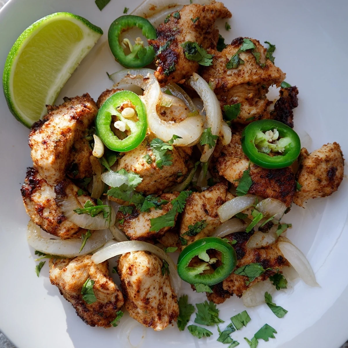 Close-up of tender spicy jalapeno chicken recipe topped with vibrant jalapeños and served with rice