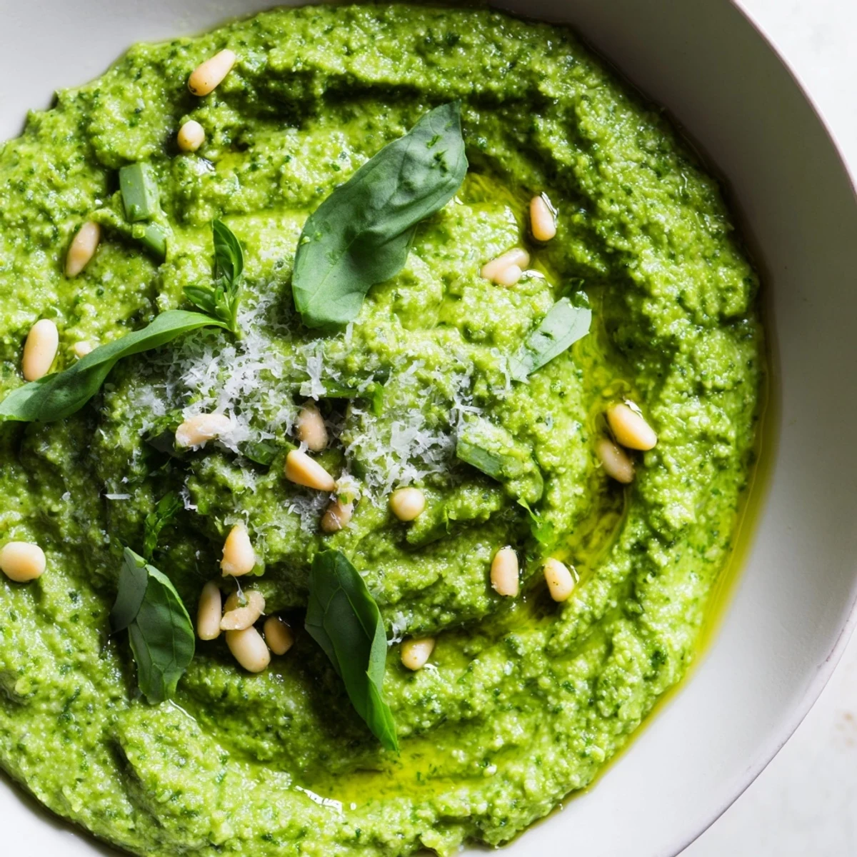 Vibrant garlic scape pesto in a bowl ready to toss with pasta.  