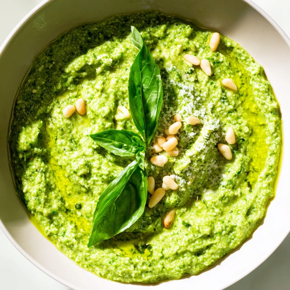 Smooth garlic scape pesto spread thickly on crusty bread, garnished with fresh basil.