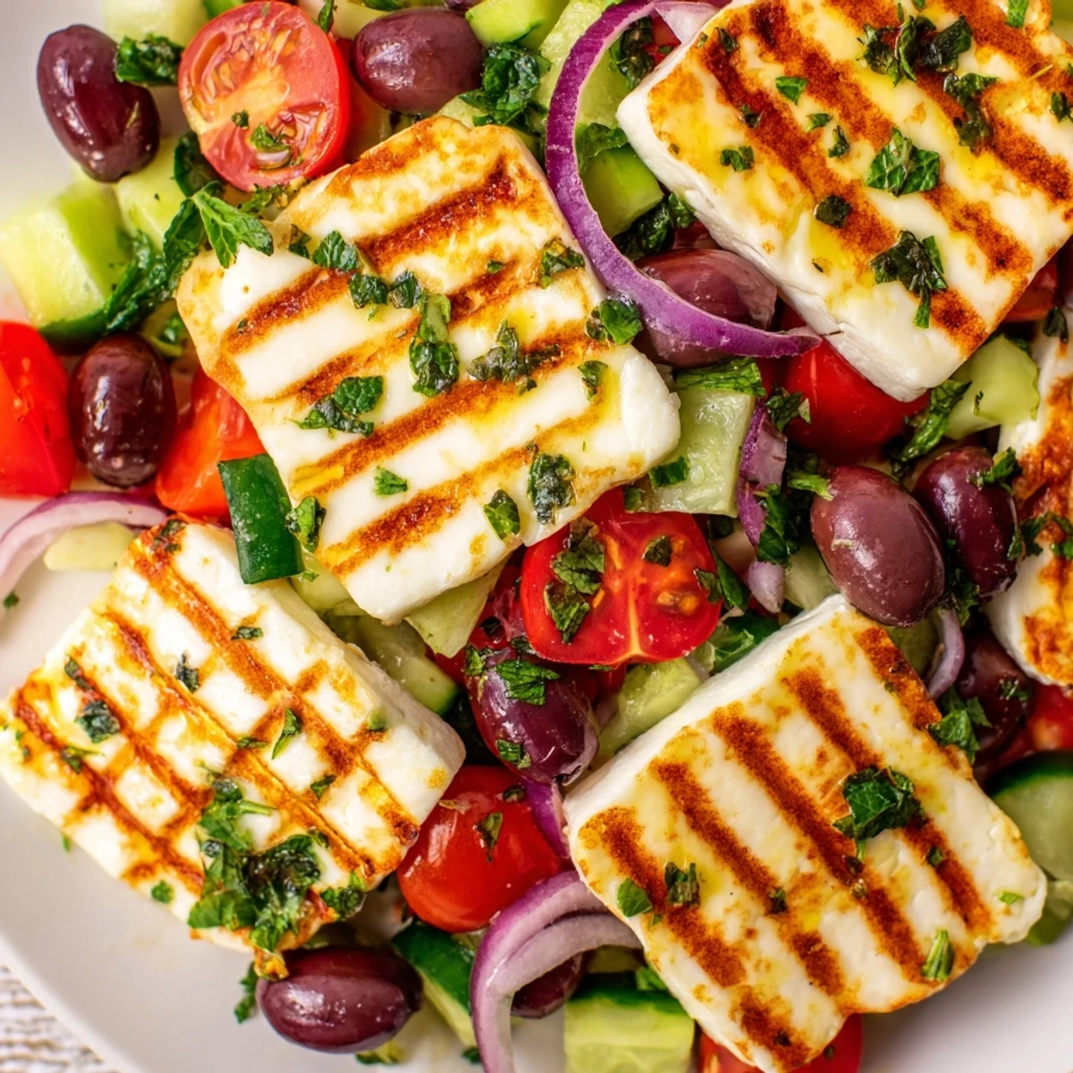 Golden grilled halloumi atop a fresh Mediterranean salad with vegetables and herbs  