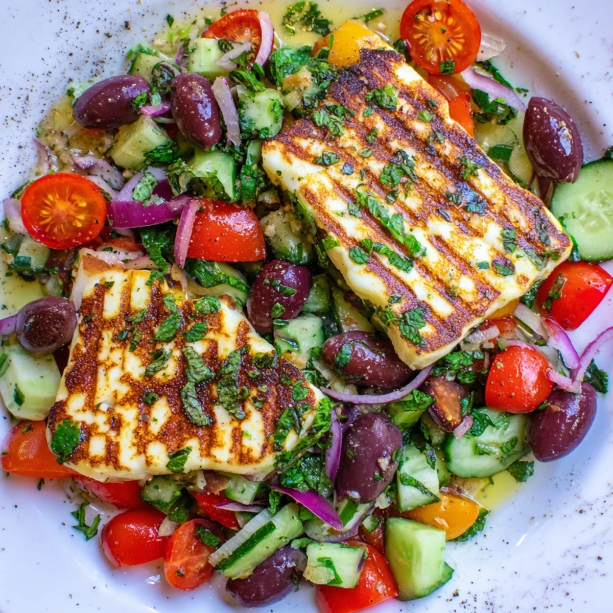 Sliced halloumi grilled to perfection served with crisp Mediterranean salad and olives  