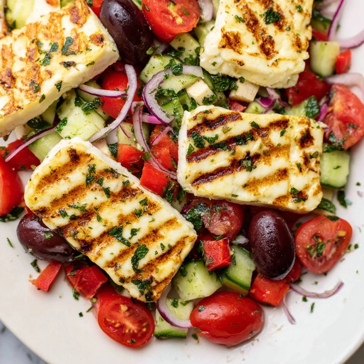 Warm golden halloumi slices paired with a vibrant Mediterranean salad and fresh greens