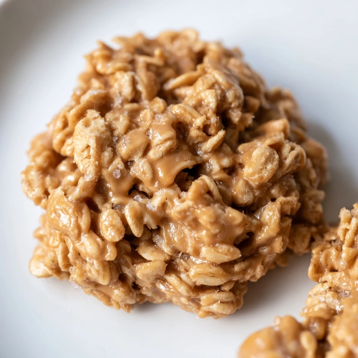 Rich chewy Peanut Butter No Bake Cookies with creamy oats on a plate.