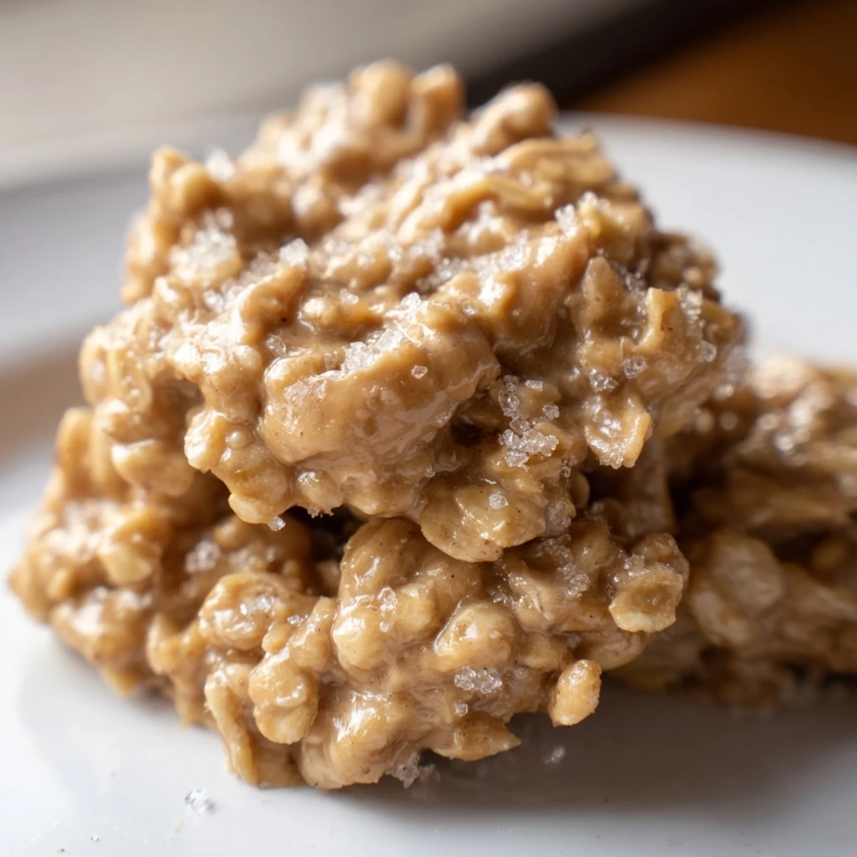 Stack of Peanut Butter No Bake Cookies featuring a glossy peanut butter topping.