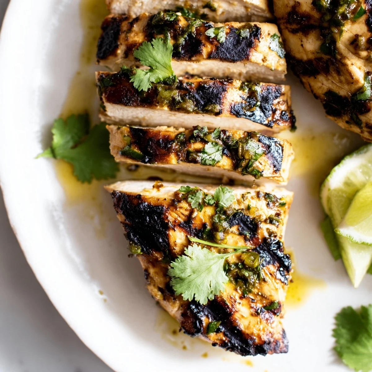 Golden grilled Cilantro Lime Chicken garnished with fresh cilantro and lime wedges  