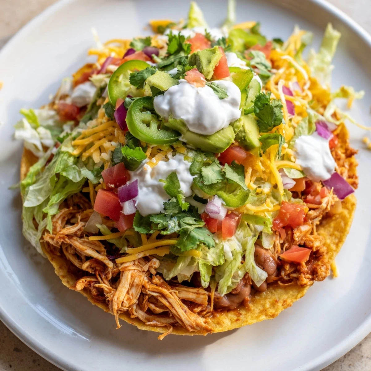 Crispy chicken tostadas topped with fresh veggies and creamy sour cream  