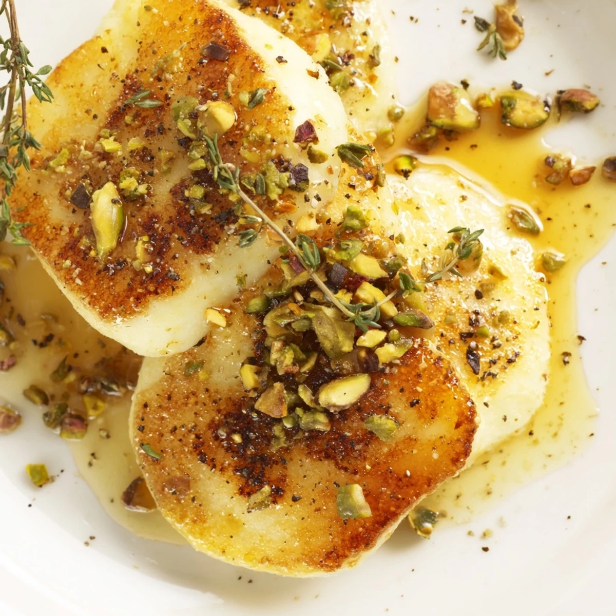 Golden honey halloumi with nuts and herbs on a white plate.  