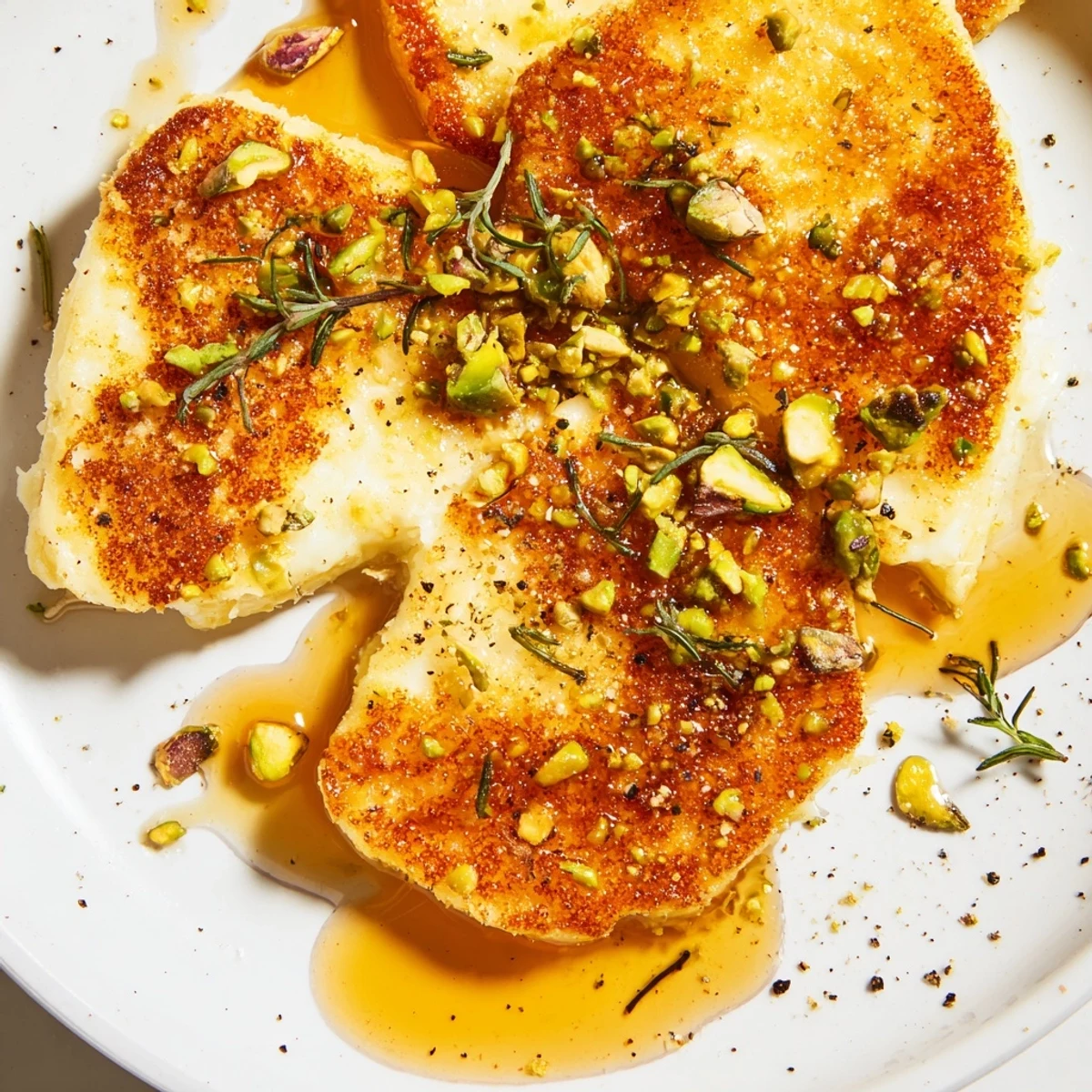 Savory fried honey halloumi drizzled with honey and fresh thyme leaves.  