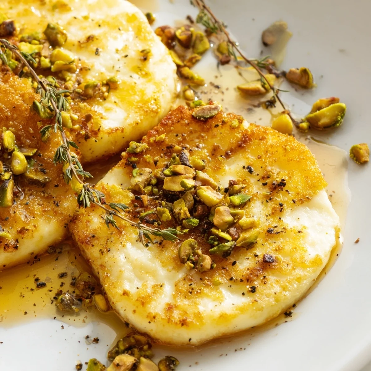 Crispy honey halloumi topped with pistachios and black pepper for serving.