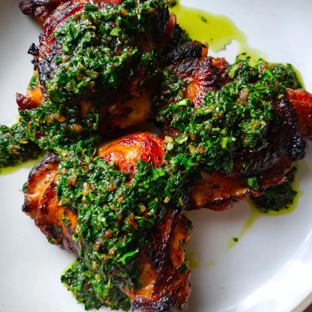 Golden grilled Chimichurri Chicken Thighs with zesty green herb sauce drizzled on top  