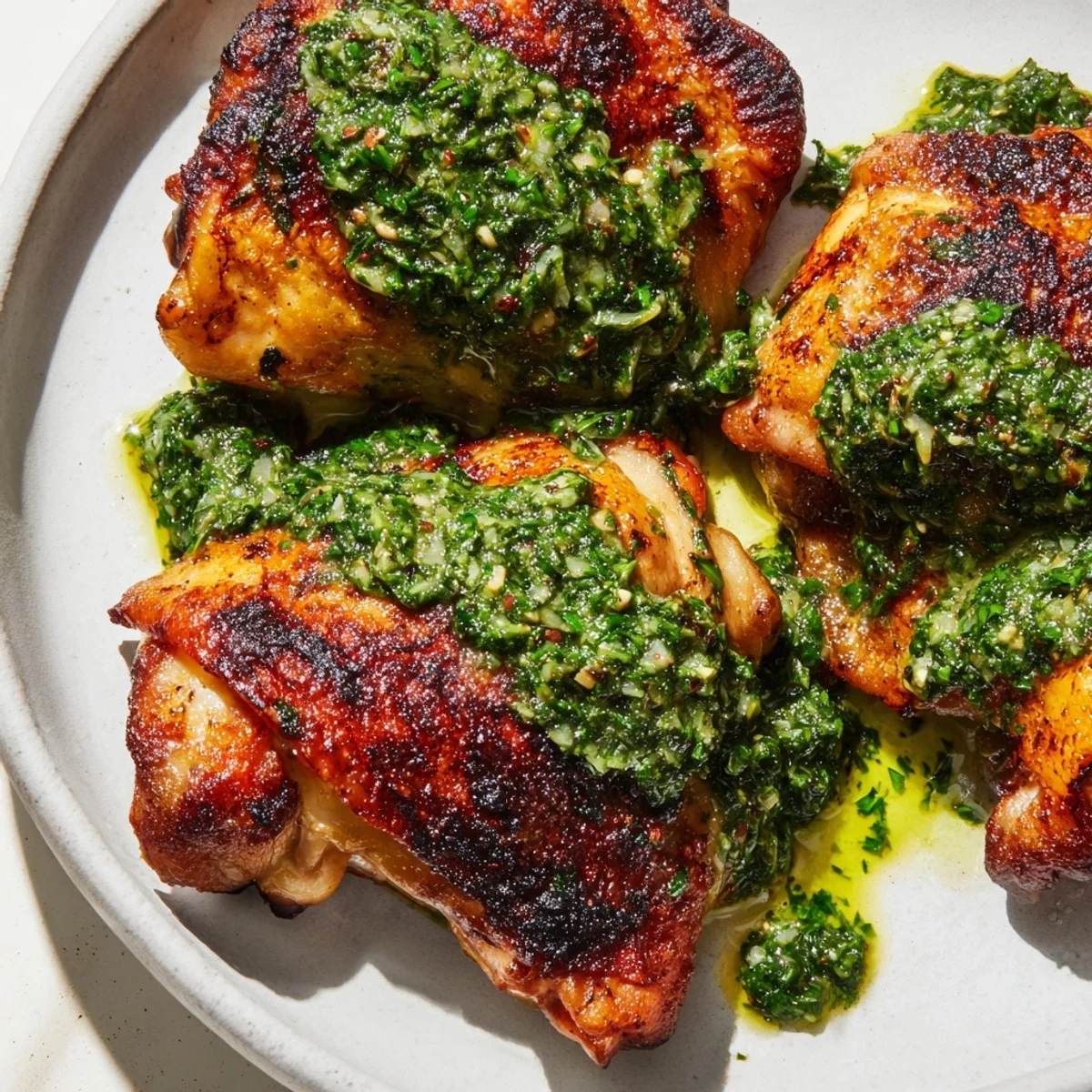 Juicy grilled Chimichurri Chicken Thighs resting on a plate with extra marinade