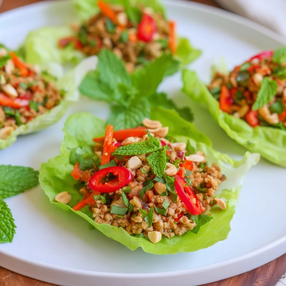Savory Thai chicken lettuce wraps topped with fresh herbs and crunchy peanuts.  