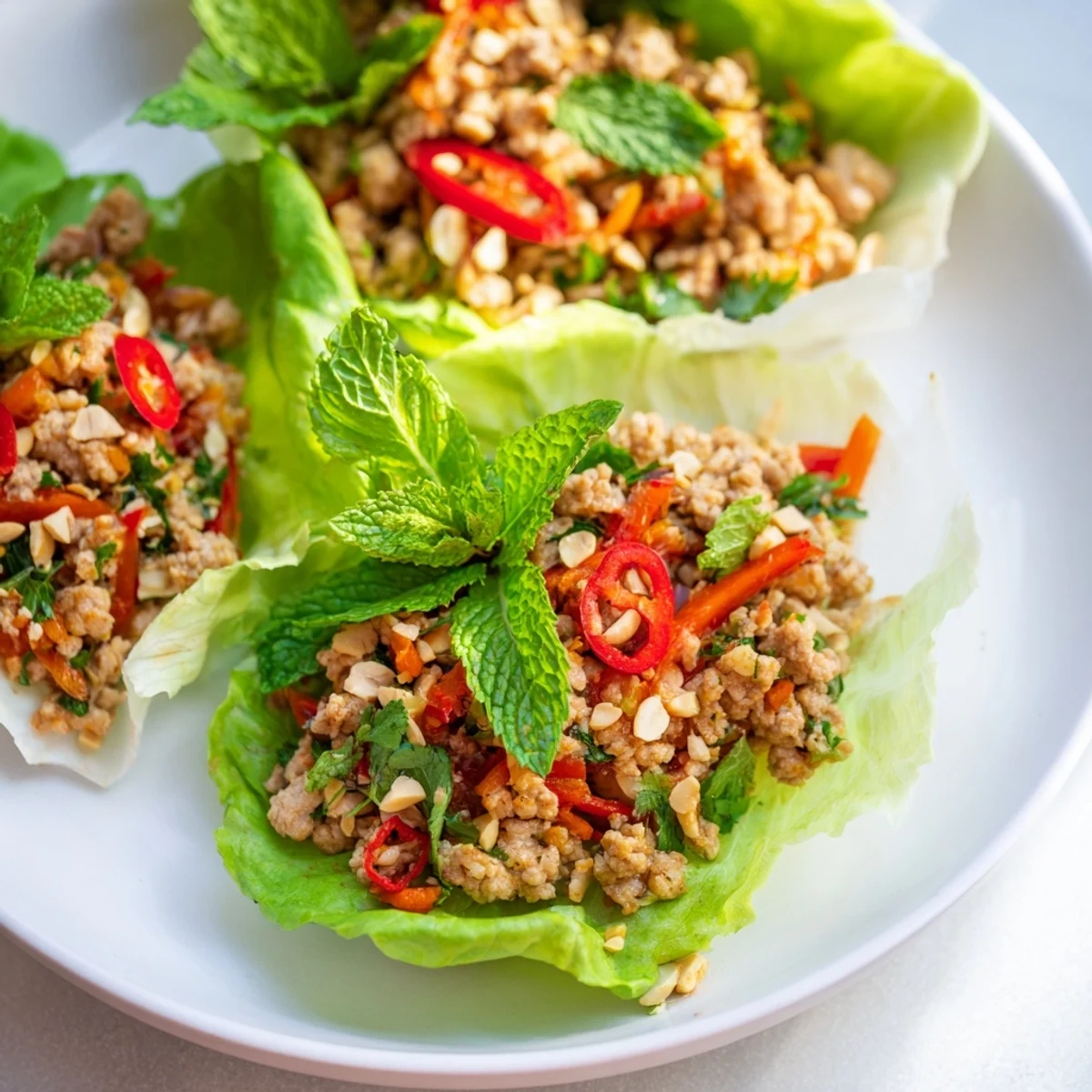 Golden spiced chicken filling nestled inside crisp butter lettuce leaves for lunch.  
