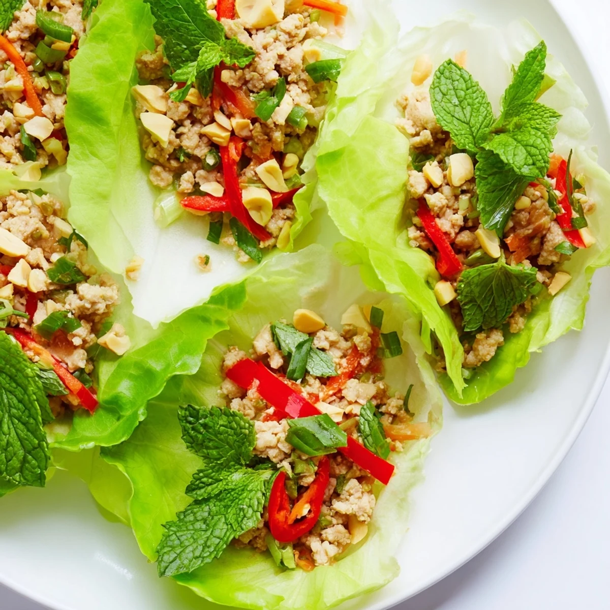 A healthy serving of Thai chicken lettuce wraps garnished with lime and cilantro.