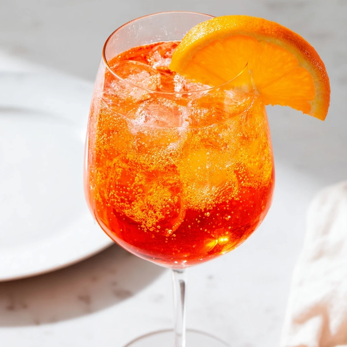 Vibrant Spritz cocktail garnished with orange slice and ice in a wine glass.  